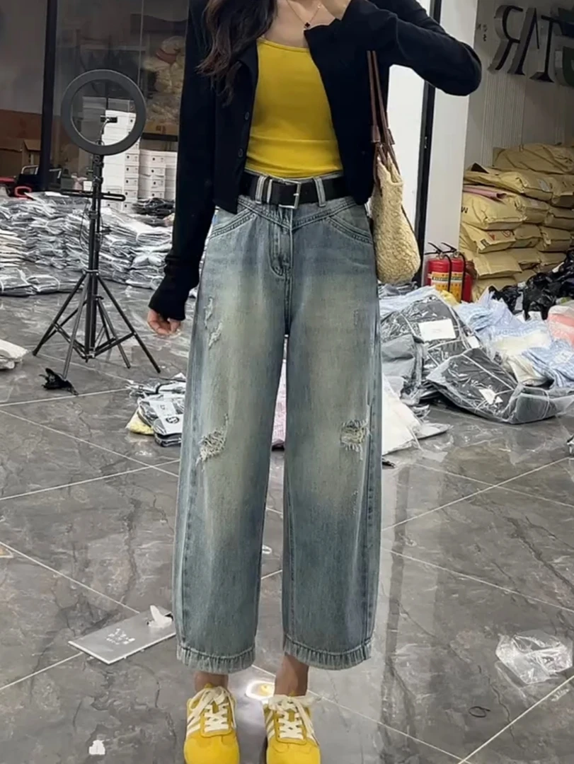夏季薄款大码破洞阔腿牛仔裤女梨形身材胖mm遮肉显瘦小个子高腰裤