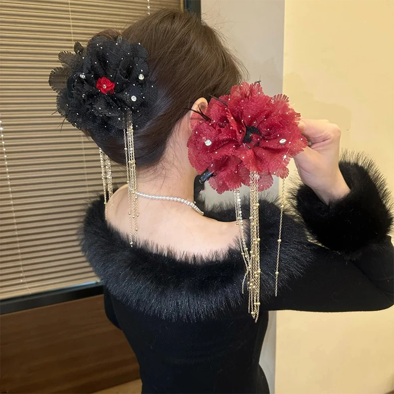 2025雪花流苏冬季新款羽毛流苏抓夹显发量蓬松高颅顶鲨鱼夹发夹