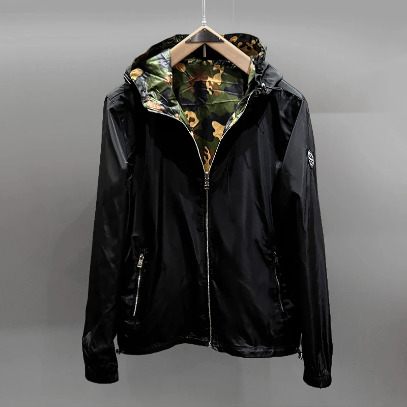男士透气连帽时尚商务男士夹克迷彩双面穿上衣男黑色外套春秋百搭