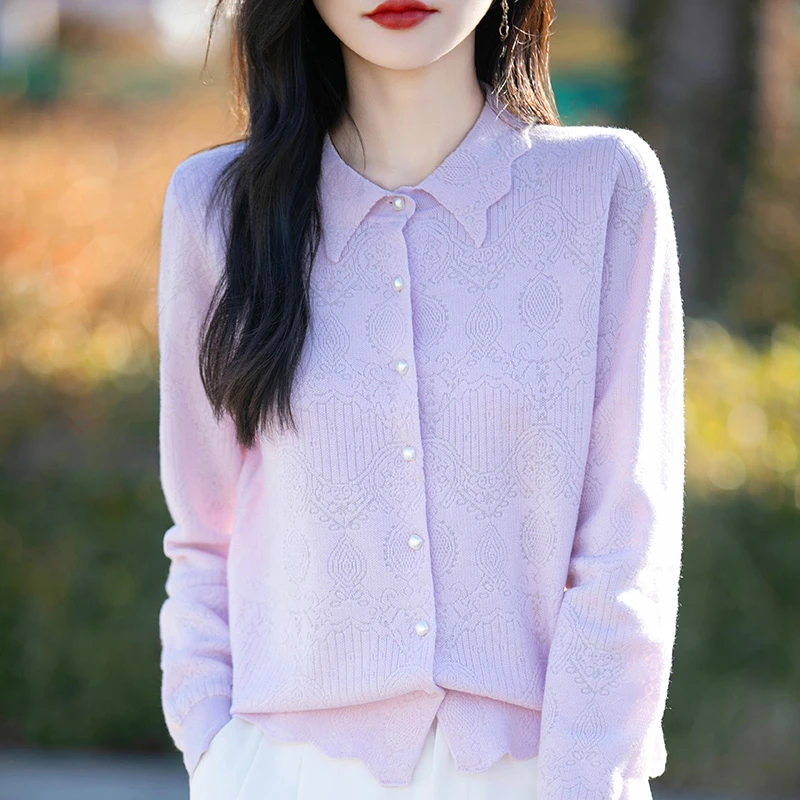 春秋韩版毛针织衫精纺羊毛时尚长袖POLO领打底开衫百搭提花羊毛衫