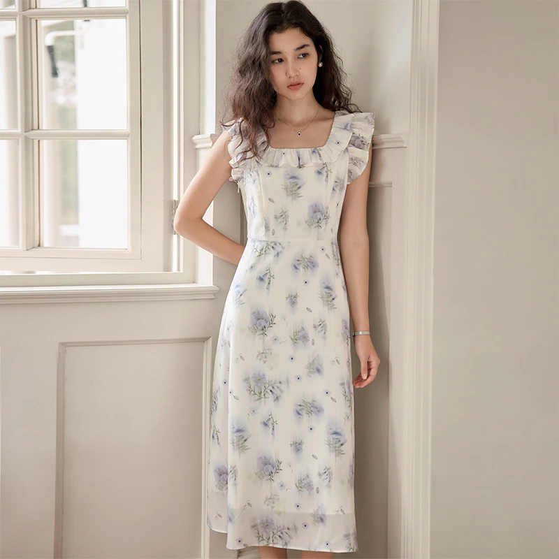 自巧小个子度假风碎花连衣裙修身显瘦荷叶边中长后妈裙 25ZQ92207