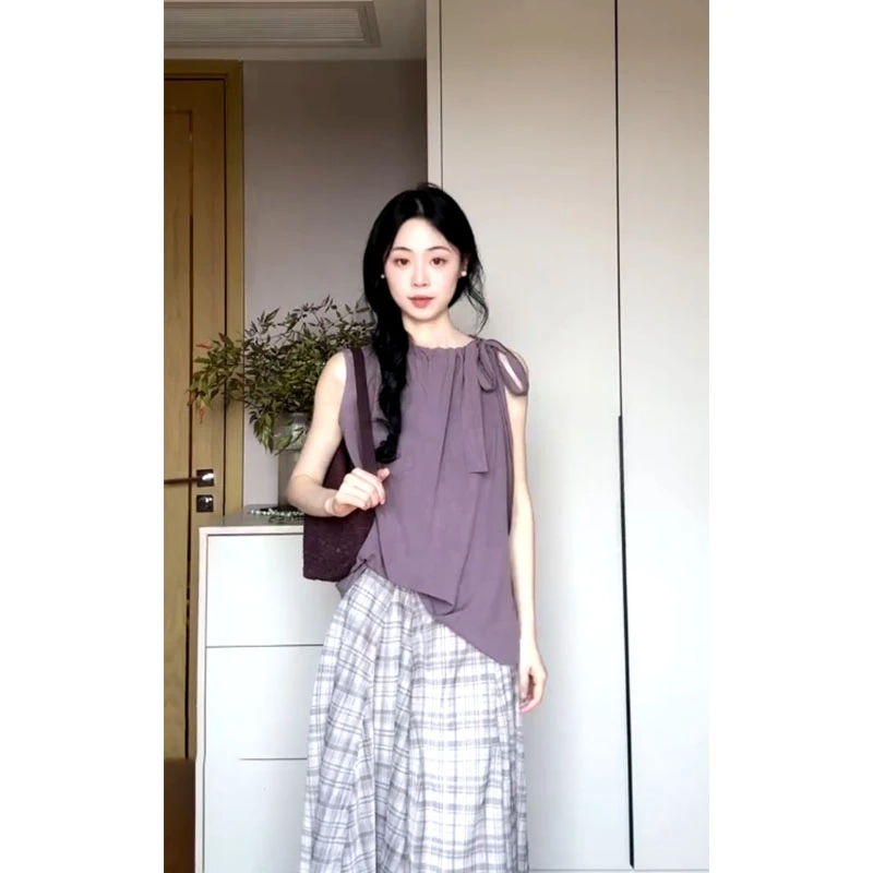 2025夏季新款气质时尚设计感绑带无袖上衣高腰显瘦格子半身裙套装
