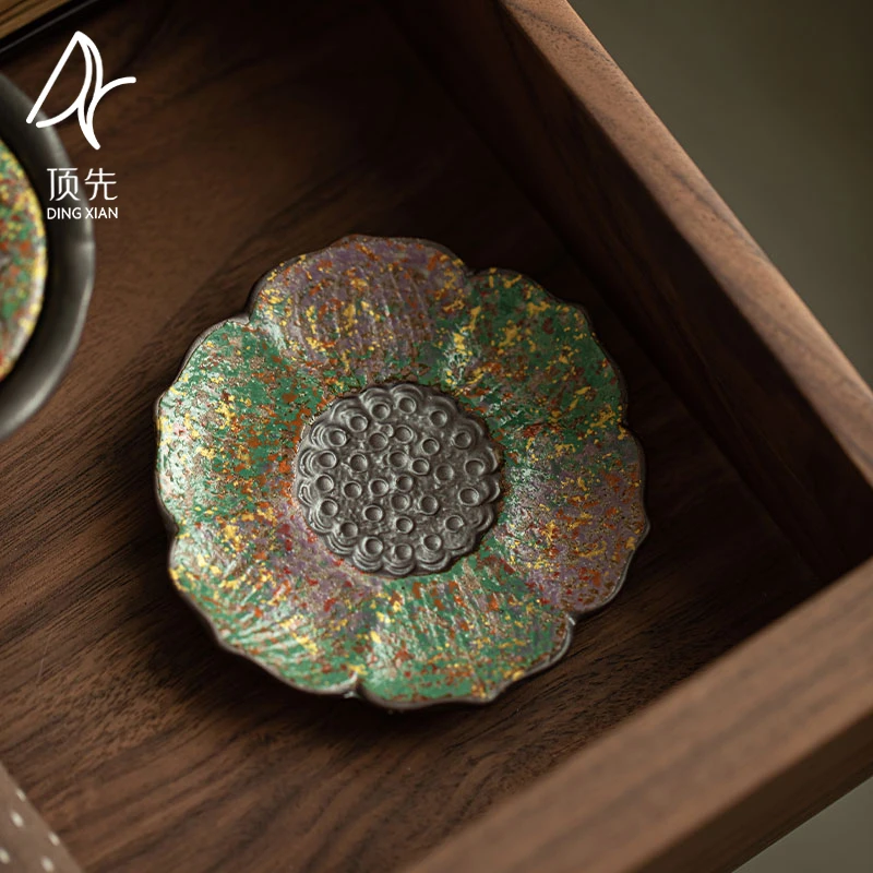 顶先 当代老岩泥莲蓬岩绘时光花型杯垫家用茶杯托茶道零配 A13648