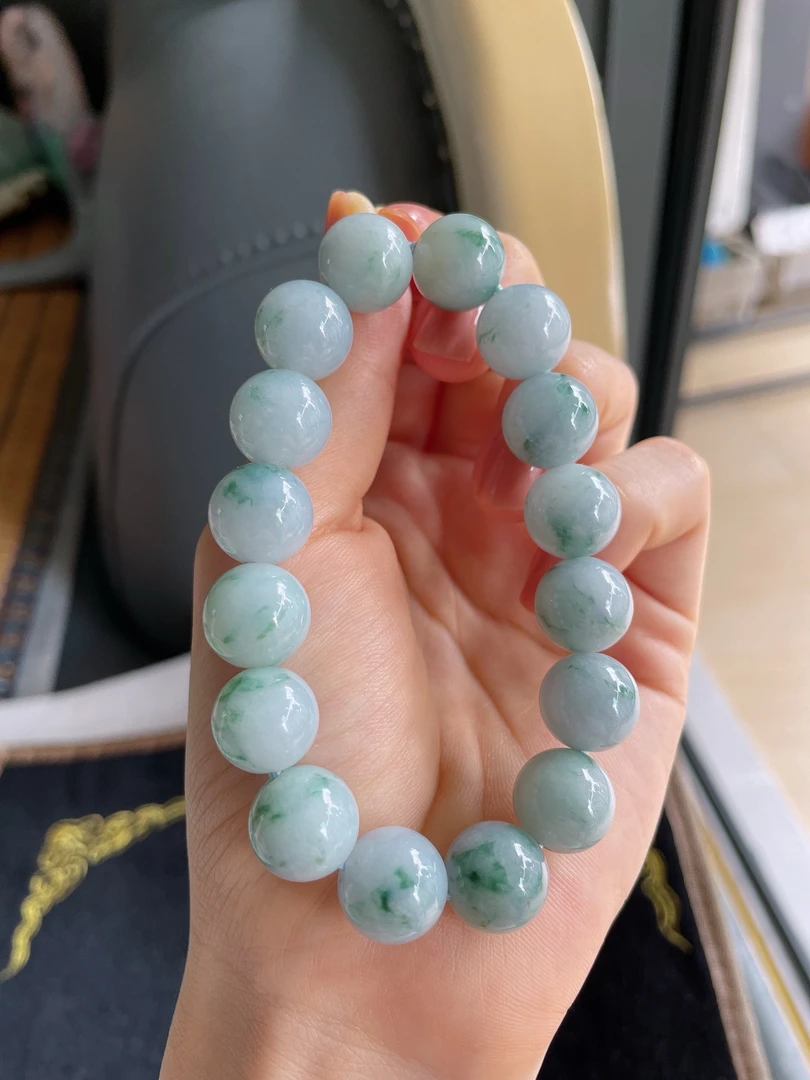 天然翡翠A货冰润飘绿飘花圆珠手串手链卡12.5mm2-304缅甸玉石珠子
