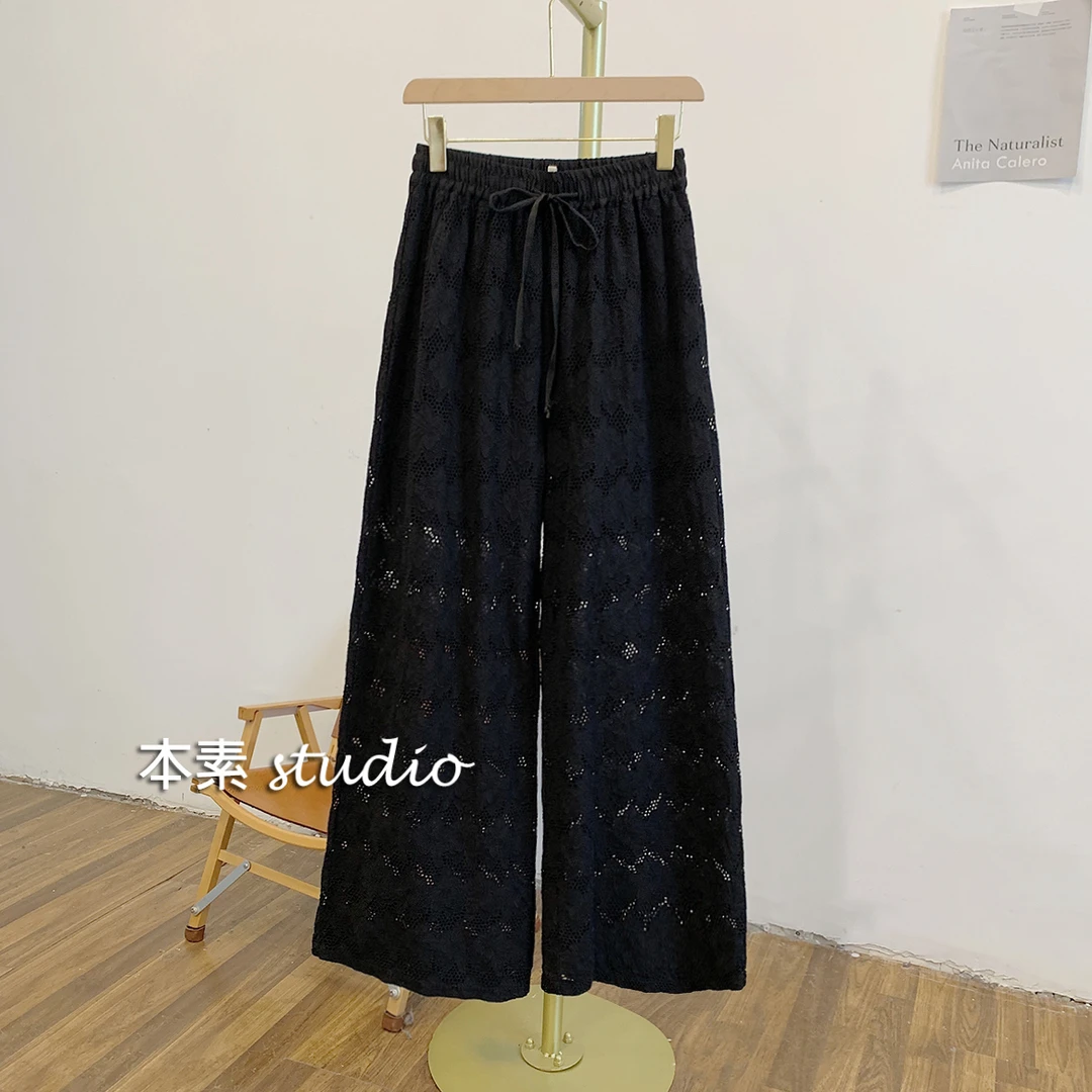 C3783镂空蕾丝松紧腰系带宽松阔腿裤