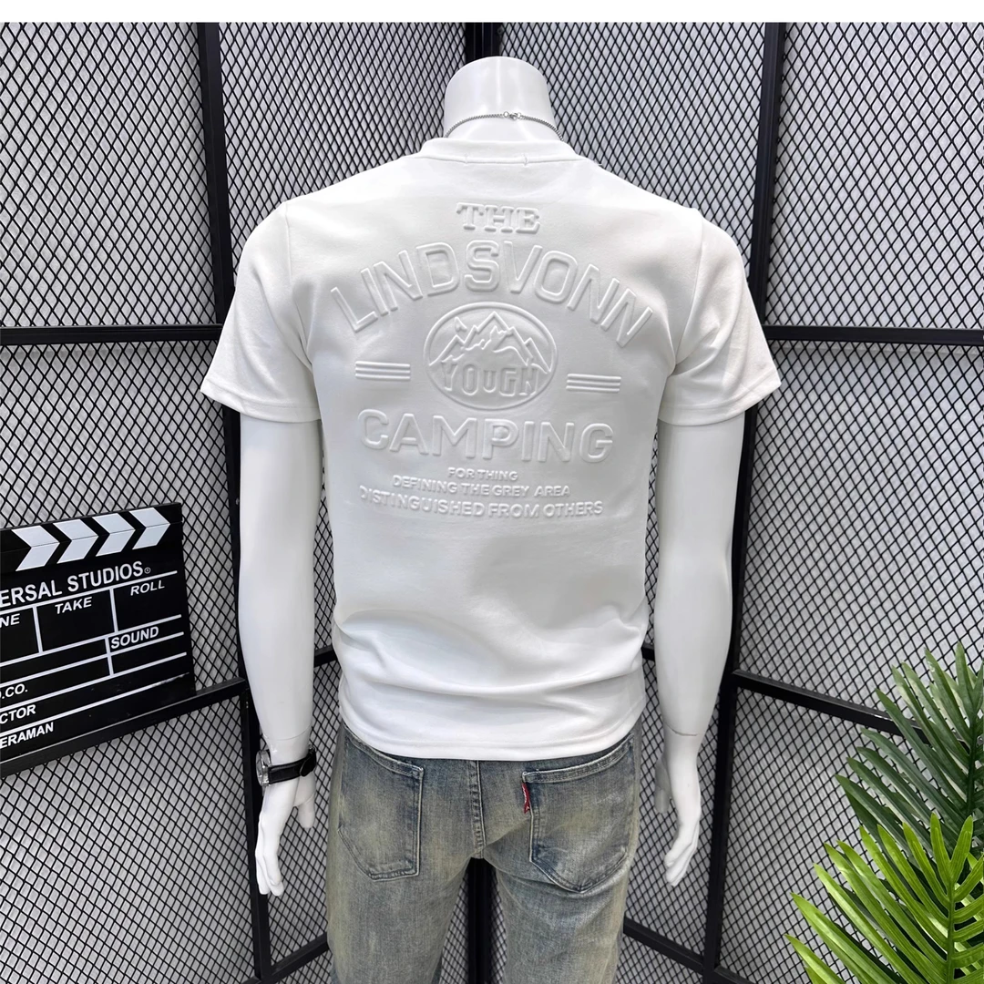 美式复古钢印短袖t恤男士潮牌夏季2025新款修身百搭纯色体恤上衣