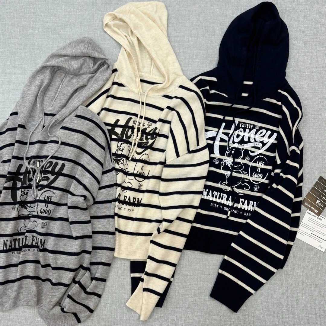 卡通字母印花条纹细织羊毛帽衫