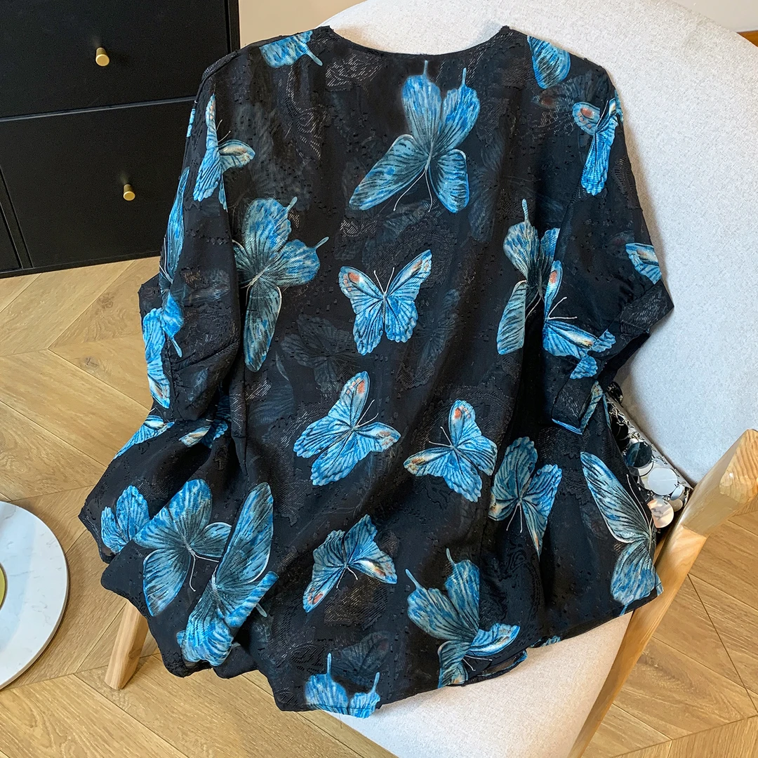 大码V领蝙蝠袖格子T恤女夏中长款上衣减龄遮肚子显瘦娃娃衫