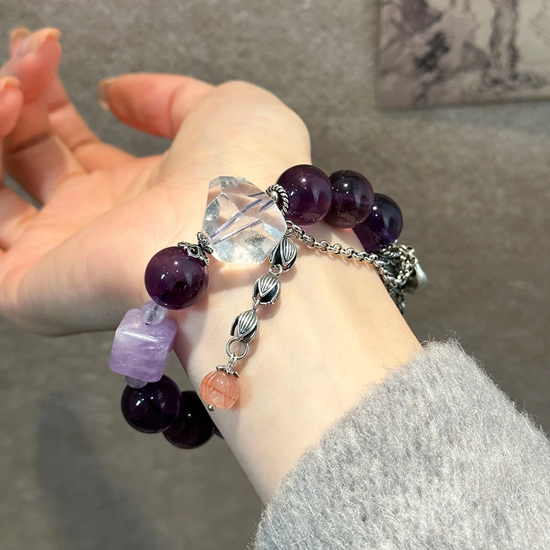 +<一禅兄>925银龙球花苞南红冰红莲花流苏白紫水晶弹力手串多样性