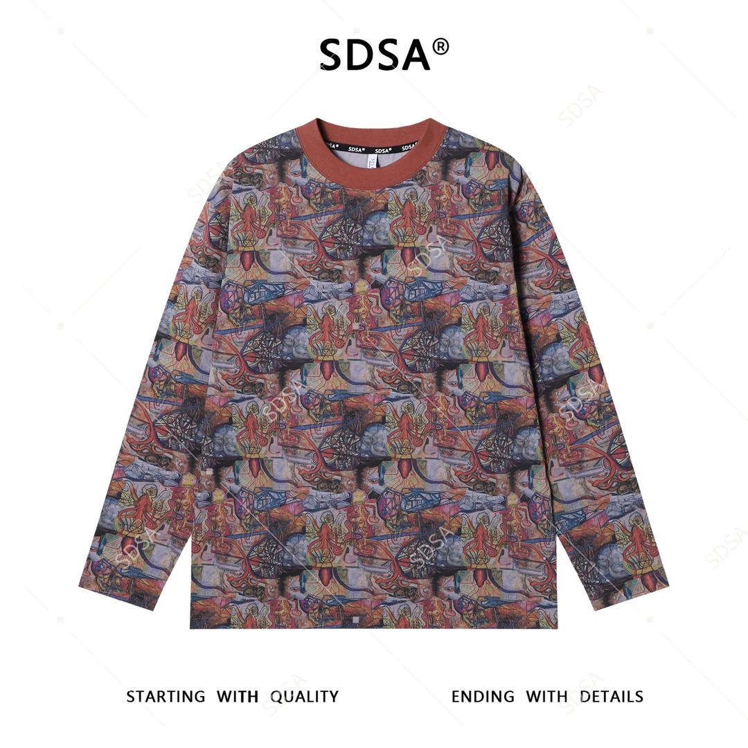 SDSA男士秋冬新款痞帅男装百搭艺术油画图案圆领长袖T恤百搭时尚