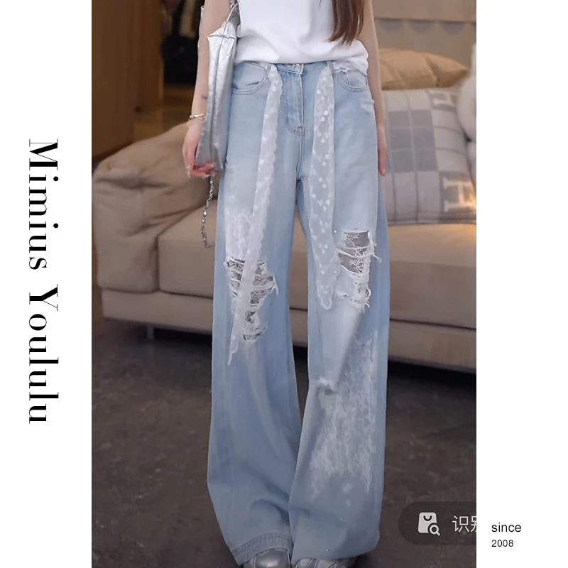 【mimius】&C游鹿鹿 春夏蕾丝破洞宽松牛仔裤(不含腰带) WG03002