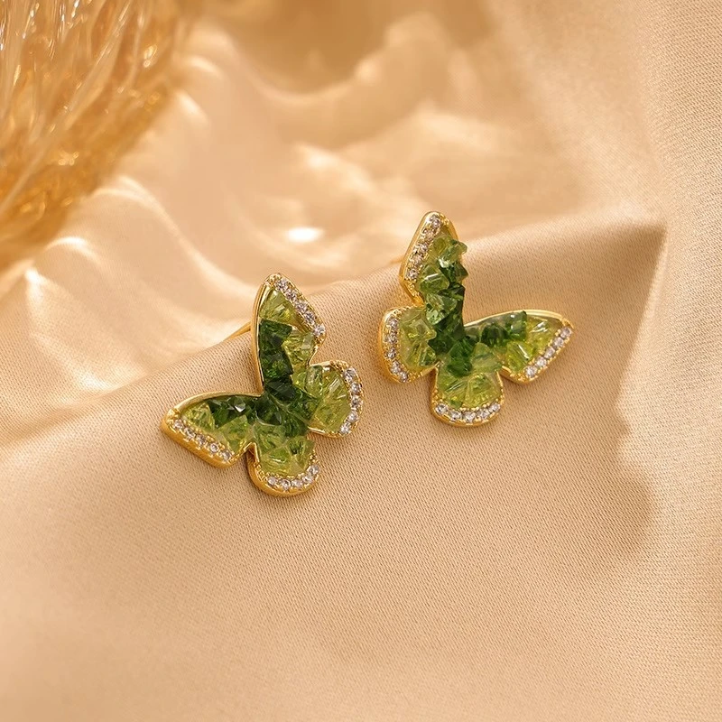 合金耳饰 绿锆石蝴蝶耳饰轻奢小众简约设计女士小众设计耳夹耳钉