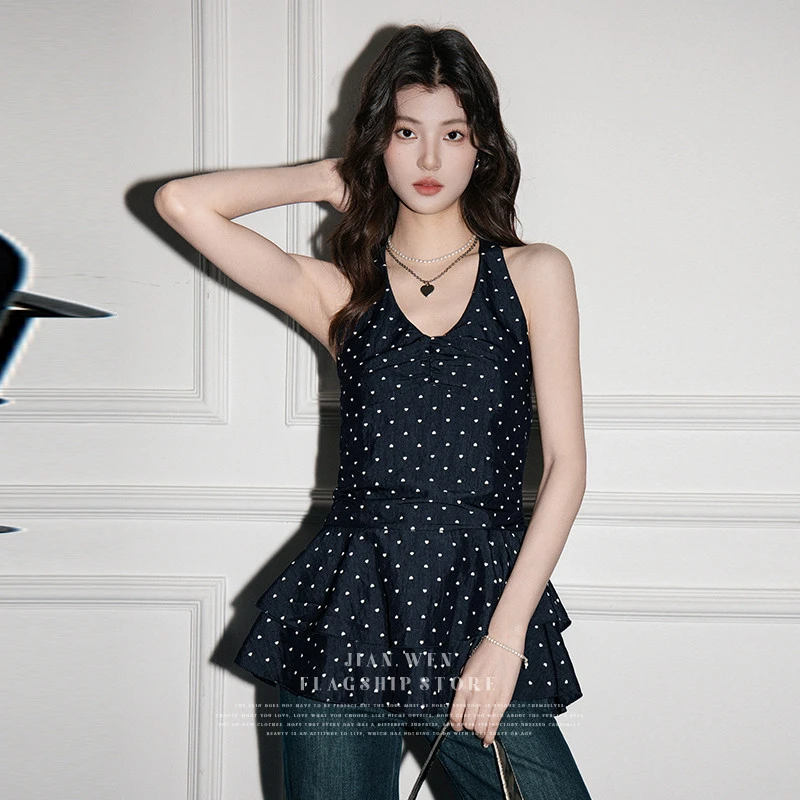 2025夏季新款波点挂脖v领无袖吊带背心女设计感拼接裙摆美背上衣