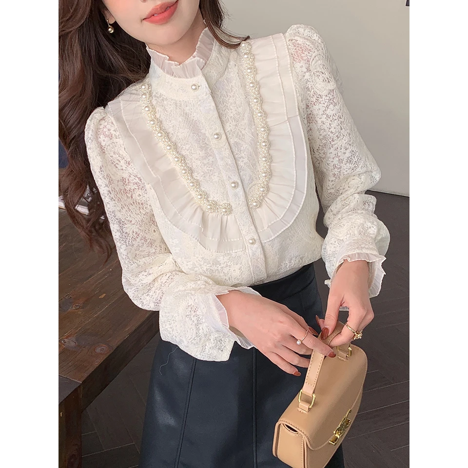 韩版荷叶领蕾丝衬衫女春装2025春季新款洋气高端女士衬衣长袖上衣