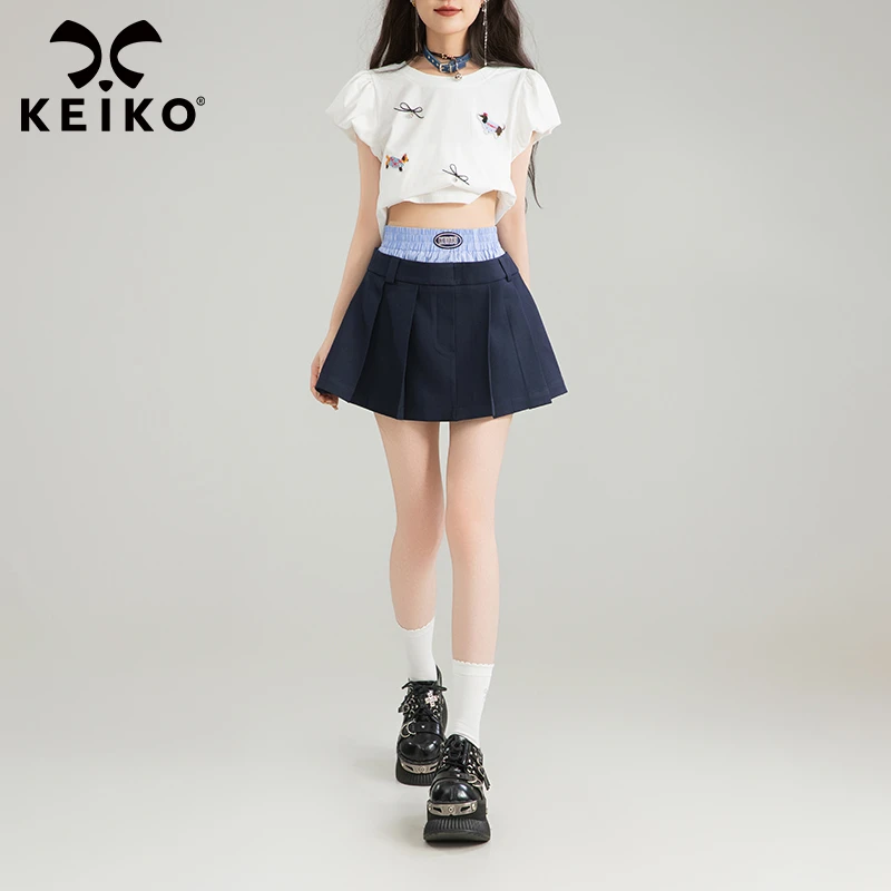 KEIKO 拼色腰线短裙半身裙25夏季伯克利学院风松紧高腰百褶裙子