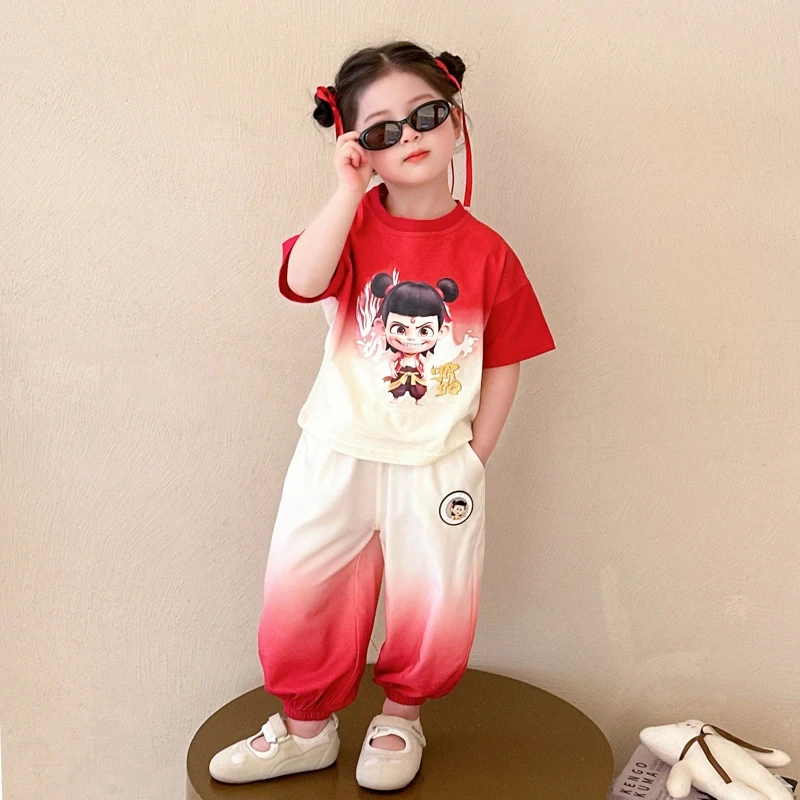 国潮女童哪吒套装渐变色儿童短袖休闲运动裤子两件套宝宝夏装新款