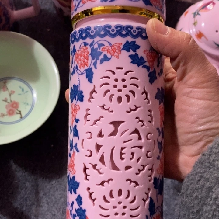 杯子陶瓷红稀土福字玲珑保温杯