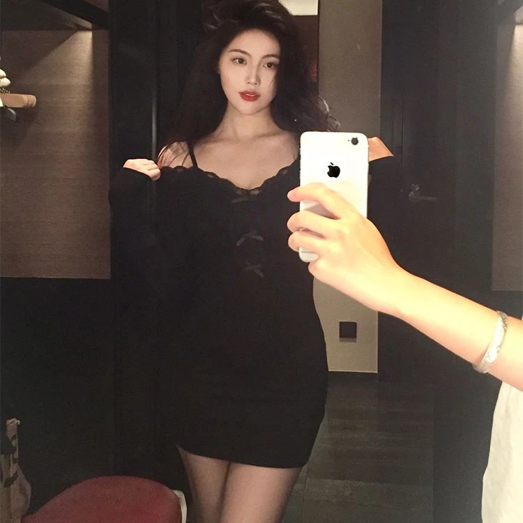 pinkmoon||纯欲风黑色蕾丝花边连衣裙女装秋性感收腰蝴蝶结包臀裙