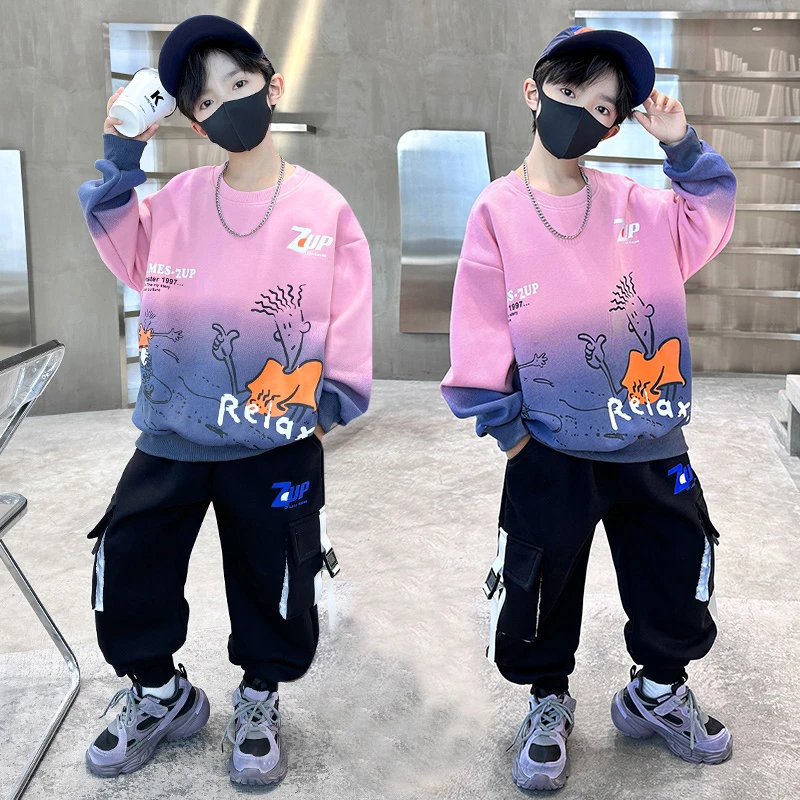 男童中大童春秋冬儿童时尚渐变新款男孩时髦潮加绒加厚卫衣潮套装