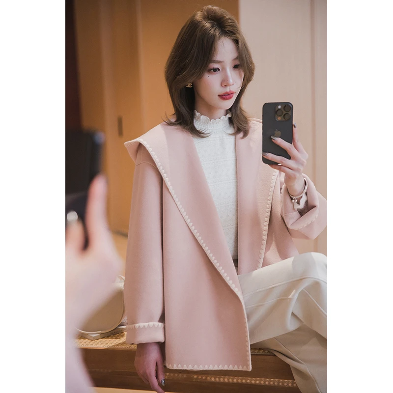 小谷粒真爱粉大衣 春款减龄连帽毛呢小个外套宽松呢子上衣外套女