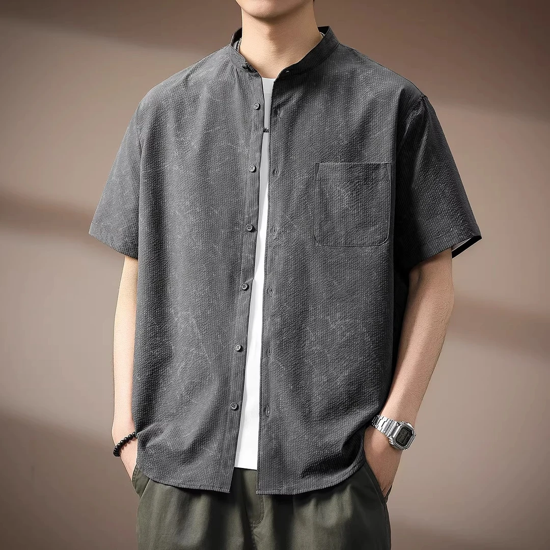 高端美式复古立领泡泡纱短袖衬衫男夏季新款潮牌宽松半袖衬衣外套