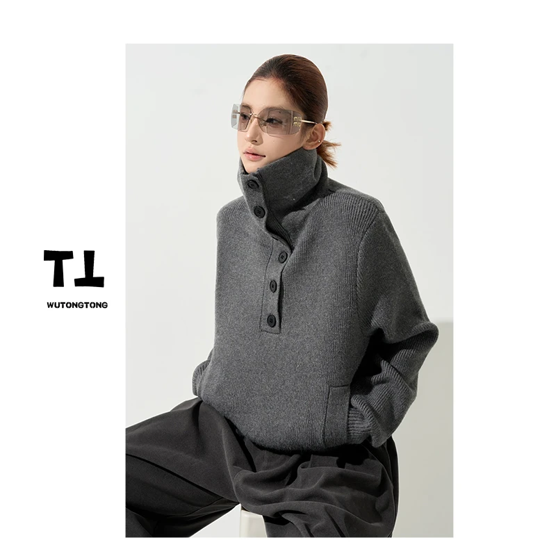 现货【避世角落】秋季慵懒风高领长袖毛衣女韩版宽松翻领上衣62794