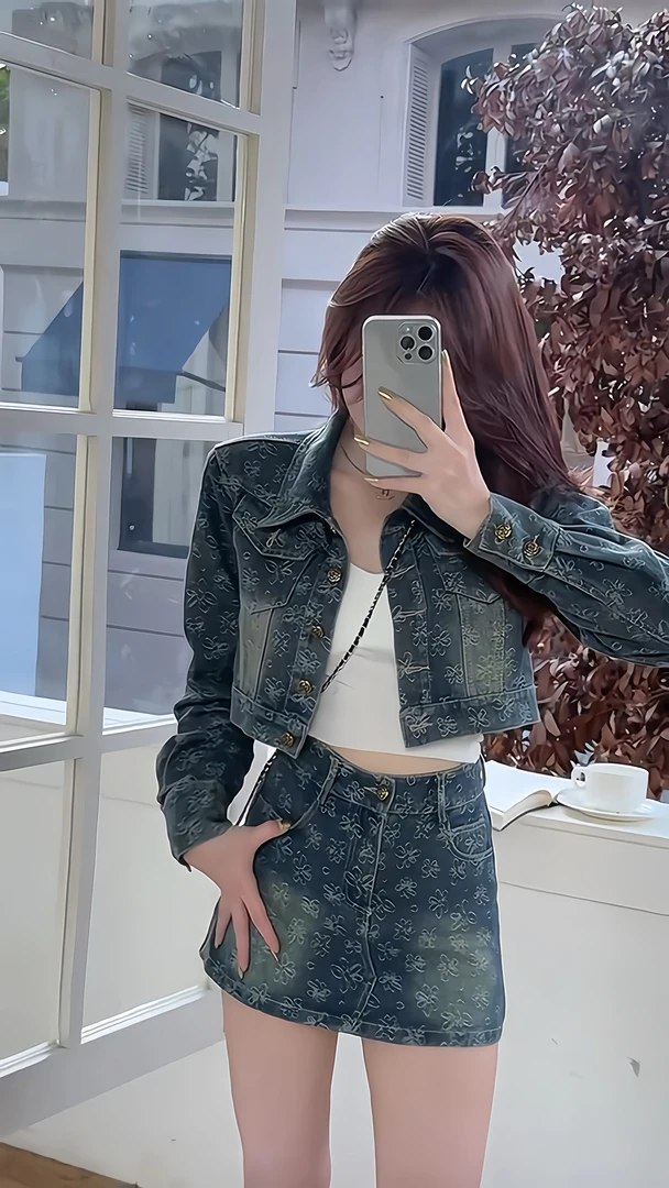 牛仔外套韩版微宽松显瘦显高女提花短款上衣外套裤裙小香风套装