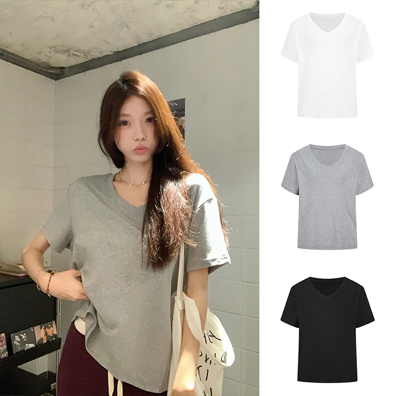 Moses Queen/魔西女王V领正肩宽松短袖T恤女夏装百搭休闲打底上衣