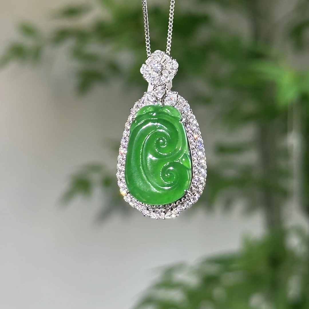 冰绿如意吊坠天然翡翠s925银镶-jy