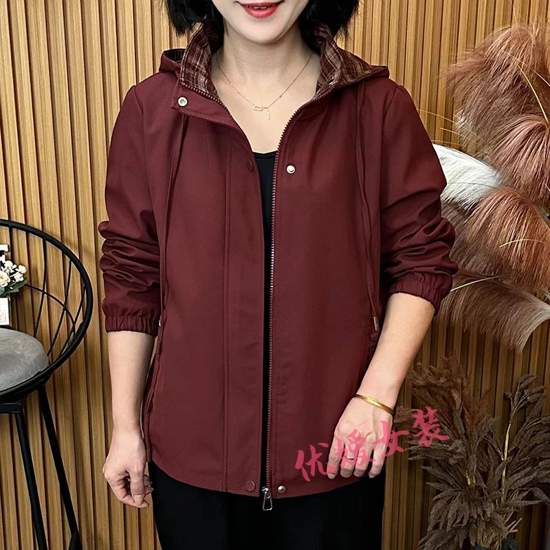 妈妈装时尚潮流女装秋季连帽风衣外套宽松显瘦休闲百搭中老年女装