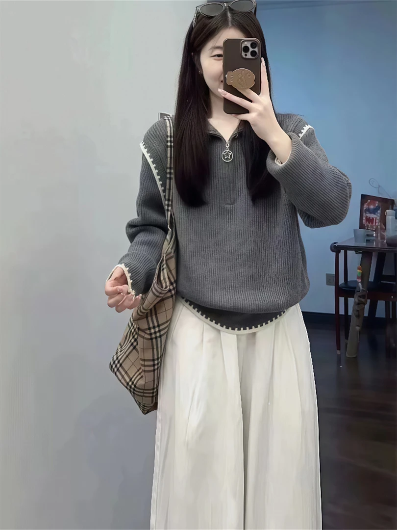 早初秋冬装穿搭一整套显高减龄休闲高级感毛衣阔腿裤韩系两件套春