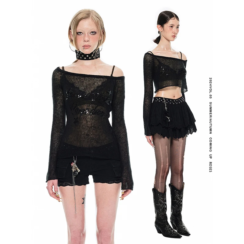 【夏季新款】1JINN STUDIO一字肩露肩针织镂空上衣长款/短款罩衫