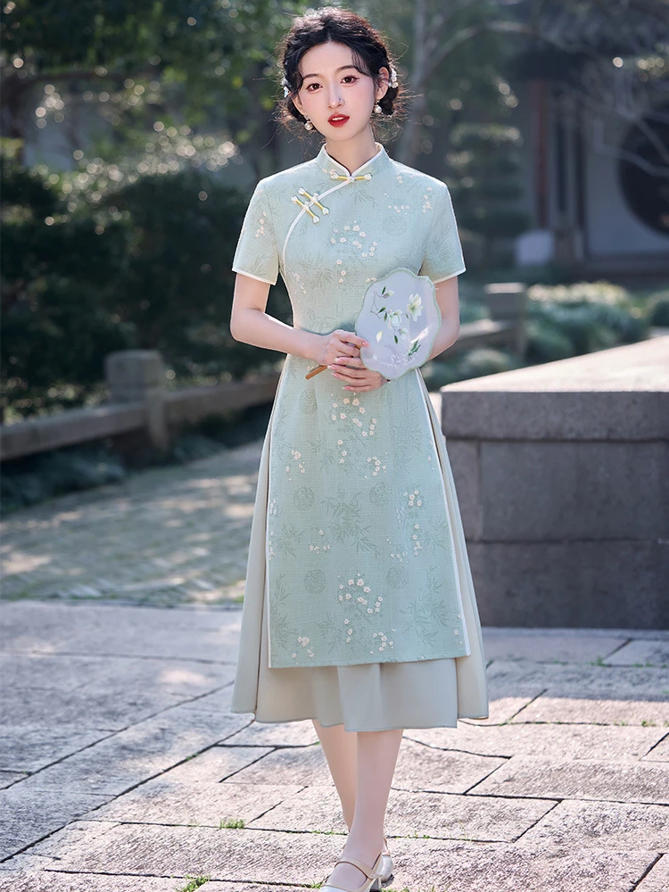 绿色旗袍微胖显瘦改良日常款送考新中式国风旗袍女连衣裙清新气质
