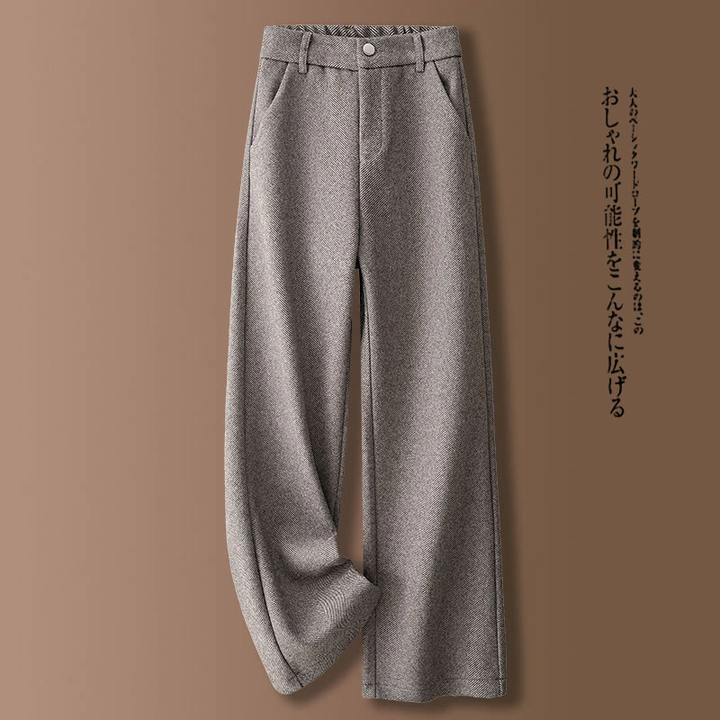 复古加绒毛呢阔腿裤女秋冬季2024新款高端女裤高腰人字纹直筒裤子