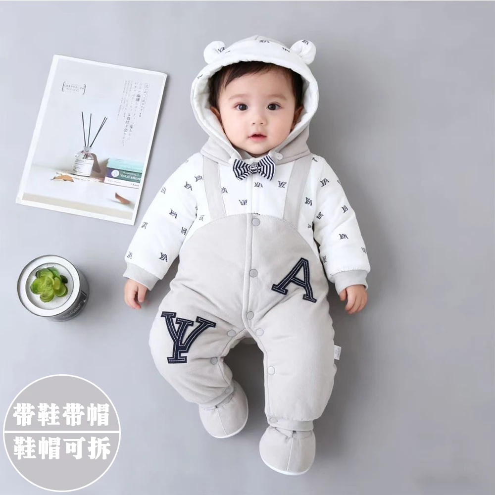 婴儿冬季爬爬服加绒幼儿男哈衣秋冬连帽卡通风爬服加棉加厚保暖