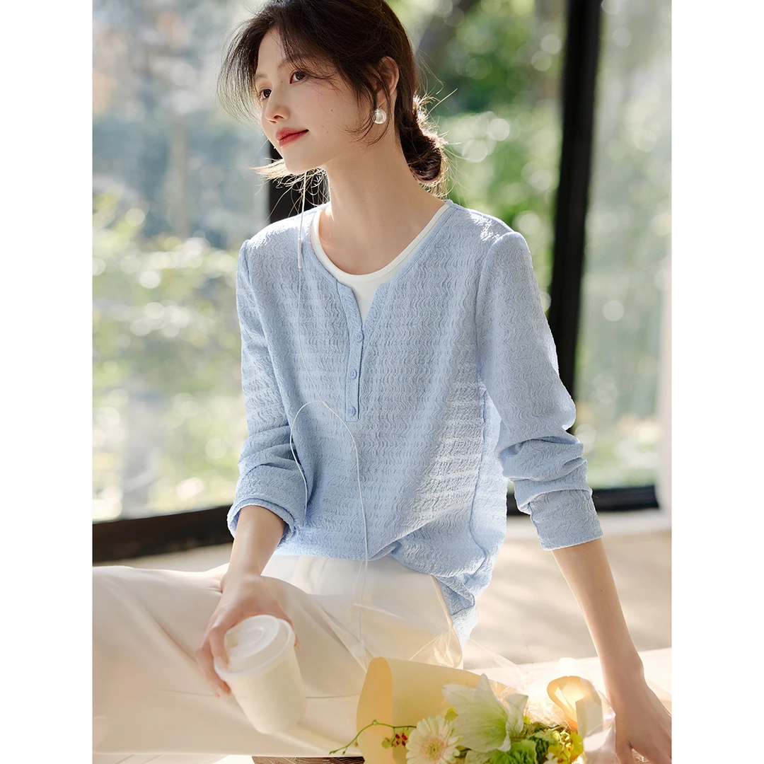 肌理感T恤女春秋季长袖洋气百搭薄款针织上衣时尚显瘦假两件小衫