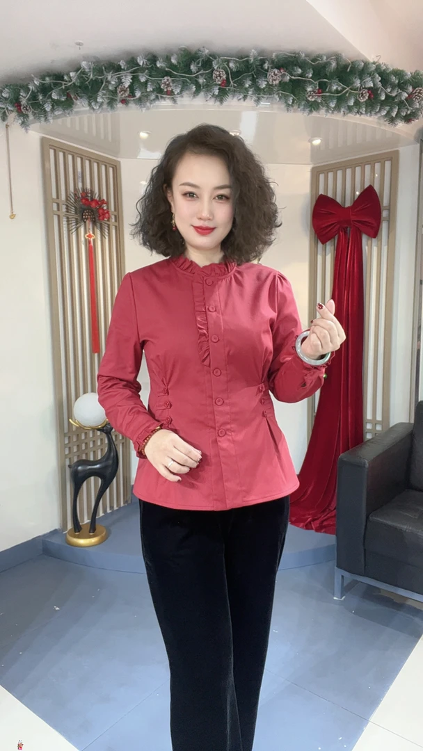 【秋冬加绒】时尚百搭修身显瘦木耳边立领掐褶纽扣修身衬衫1523-1