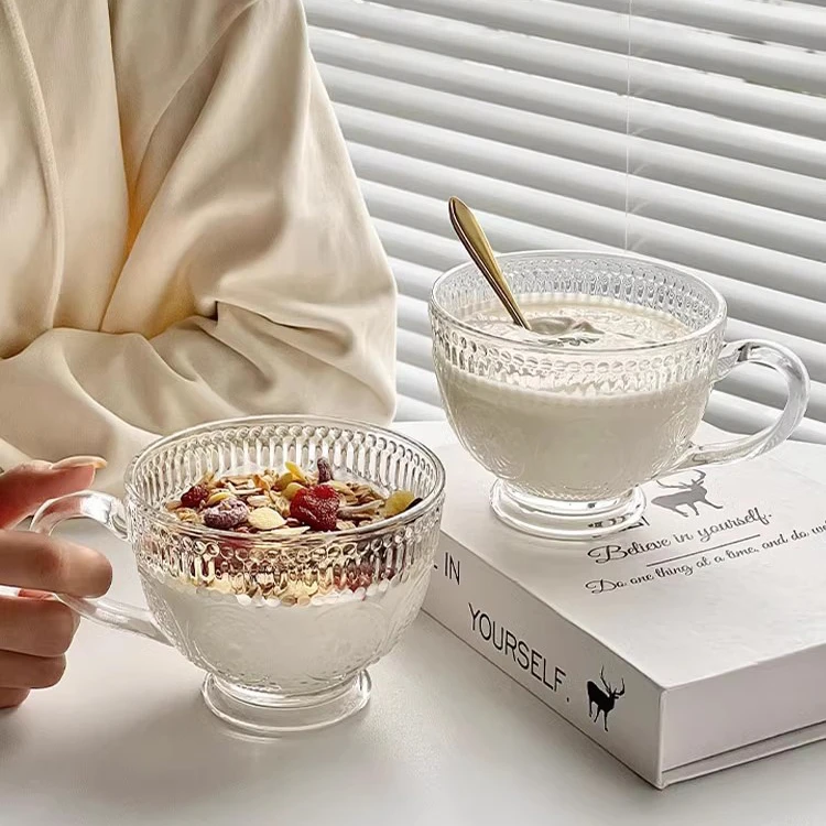 复古太阳花简约大容量玻璃杯早餐燕麦杯水杯茶杯玻璃水杯透明家用