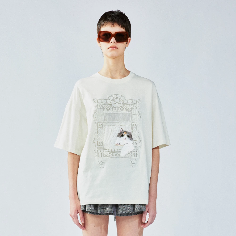 UOOYAA/乌丫2025夏季新款「我爱我家」我家的猫贴布刺绣T恤4152