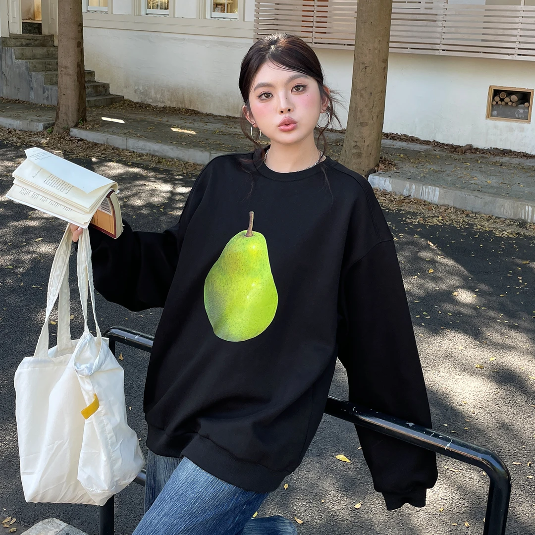 大码慵懒风水果印花宽松长袖卫衣女秋季休闲oversize圆领套头上衣