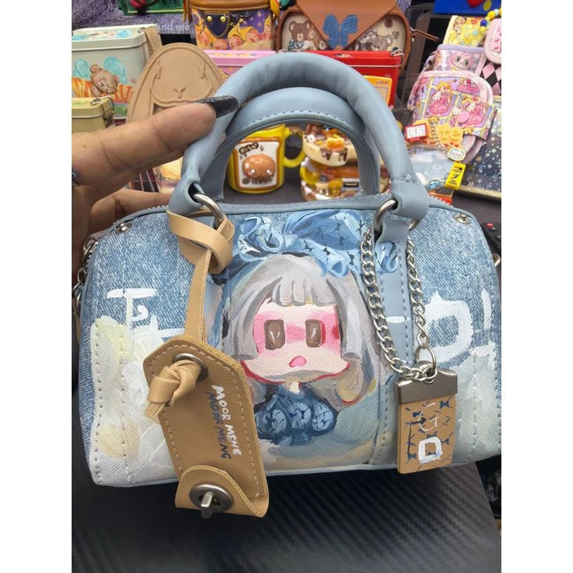 托特包单肩包耐磨单根做旧蓝色百搭迷你款丹宁印花