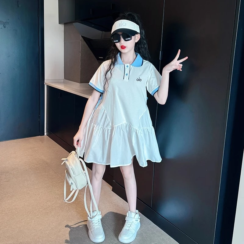 女童学院风连衣裙夏季2025新款女大童洋气时髦POLO裙初中生百褶裙