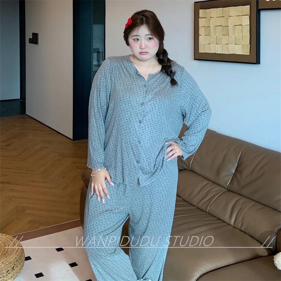 大码胖MM200斤秋季长袖长裤莫代尔软糯灰碎小花慵懒少女睡衣