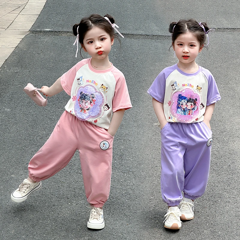 女童夏季休闲哪吒套装2025新款中小童洋气时尚国潮风宝宝短袖套装