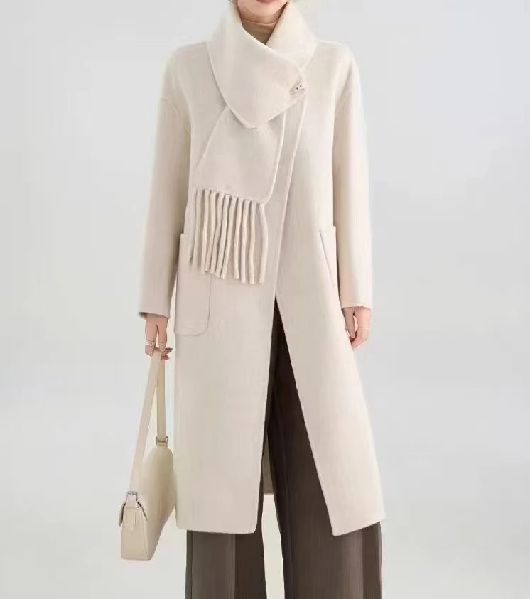 秋冬新款围巾款大衣女中长款双面呢外套