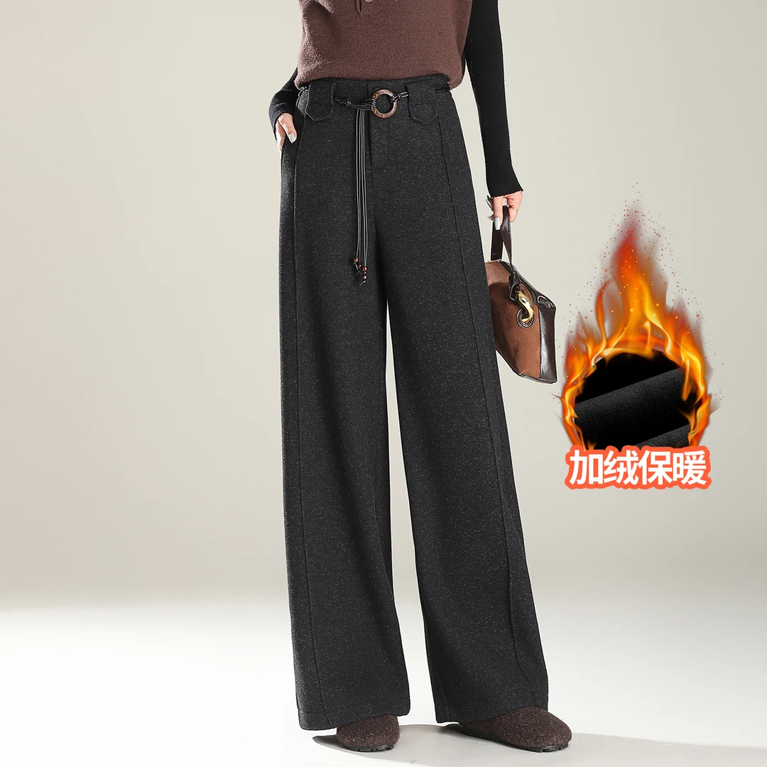 高级感腰带毛呢阔腿裤女秋冬加绒加厚保暖长裤子慵懒宽松直筒裤93