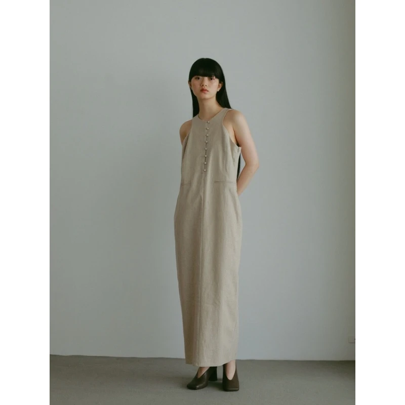 【Yumiko】夏季新款 C 棉麻气质休闲显瘦圆领无袖连衣裙