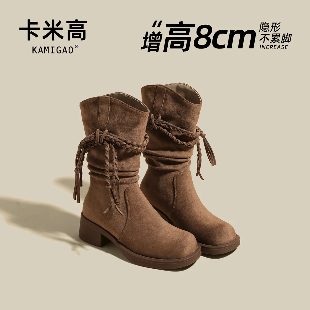 8cm内增高西部靴女方头粗跟复古中筒靴绑带马丁短靴KM-L798-23
