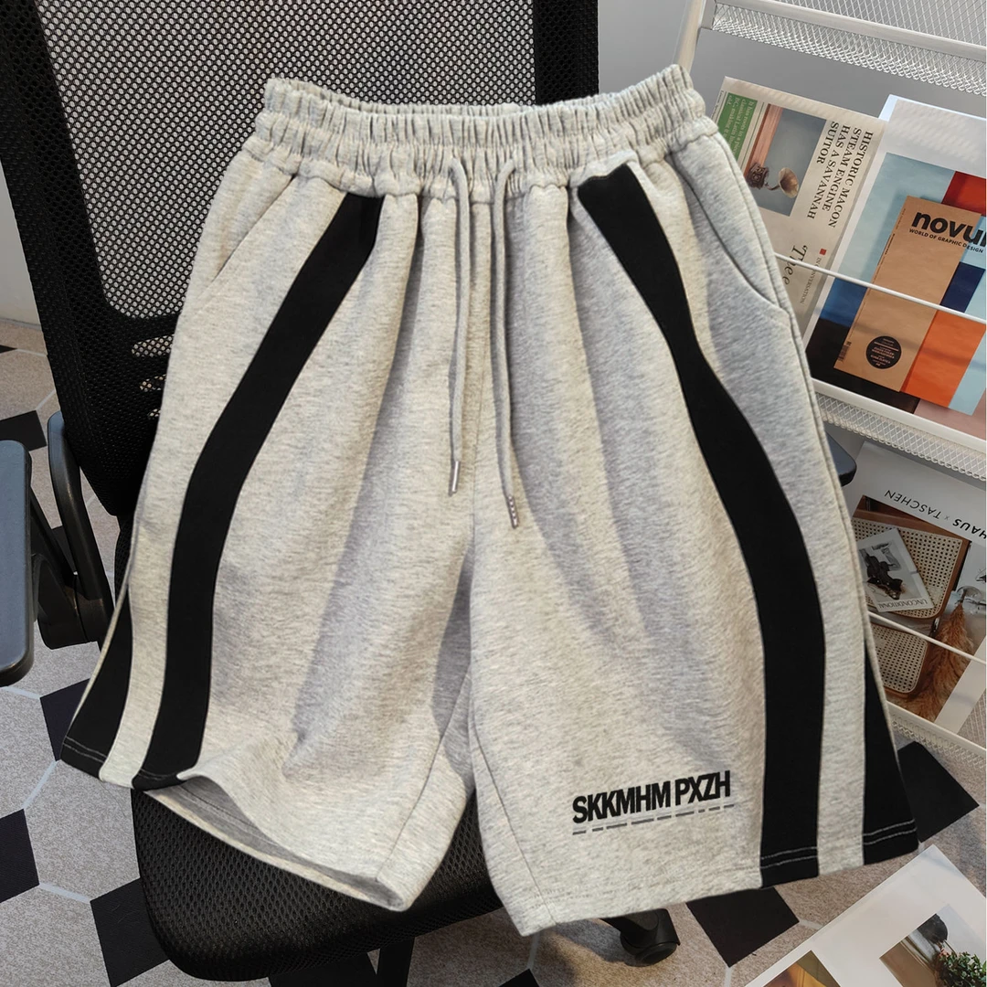 100%纯棉法式复古字母图案抽绳短裤男女夏季宽松爆款情侣五分裤潮