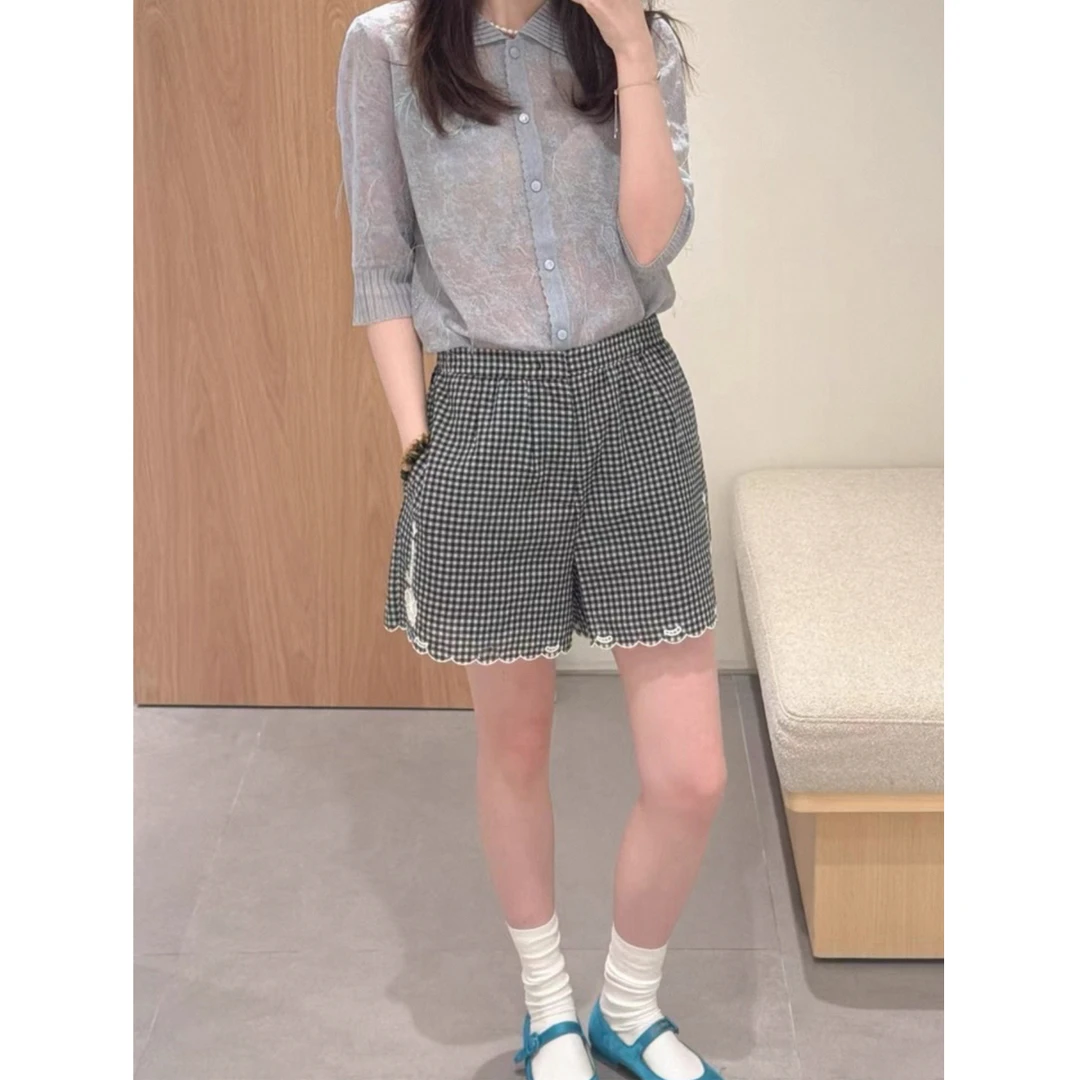 【短裤】2025年秋季新款潮流格子镂空绣花黑白格短裤U6761
